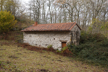 La Hermidas Cottage Nestles in Limestone Valley, Cantabria - Small, grey-roofed house in a rural meadow with lush vegetation in La Hermida - Bejes, Cantabria, Spain.