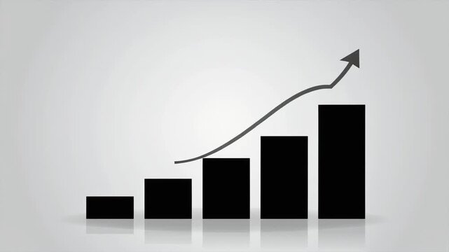 Simple black bar graph with an upward trending arrow on a grey gradient background chart statistics