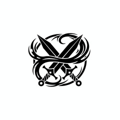 Two crossed swords with a circular design around them.