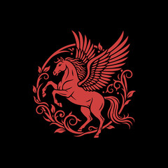 A red Pegasus, the mythical winged horse, rears up within a circular vine emblem on a black background.