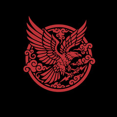 Stylized red eagle with outstretched wings and lightning bolt in a circular emblem against a black background.