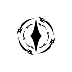 Abstract black circular symbol with a central rhombus and swirling tribal elements on a white background.