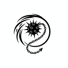 A black and white graphic illustration of a spiked mace with a chain, set against a swirling background.