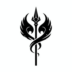 A striking black and white vector illustration of a stylized spear or staff with elegant, symmetrical wings, resembling a powerful emblem or mythical symbol.