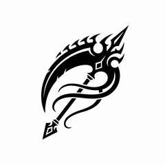 Naklejka premium Stylized black and white image of a scythe with tribal design elements.