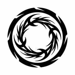 Black circular tribal tattoo design with sharp, thorny spikes creating a vortex effect on a white background.