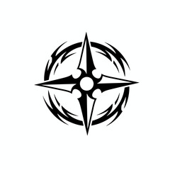 Black and white compass rose with tribal design elements, circular and symmetrical.