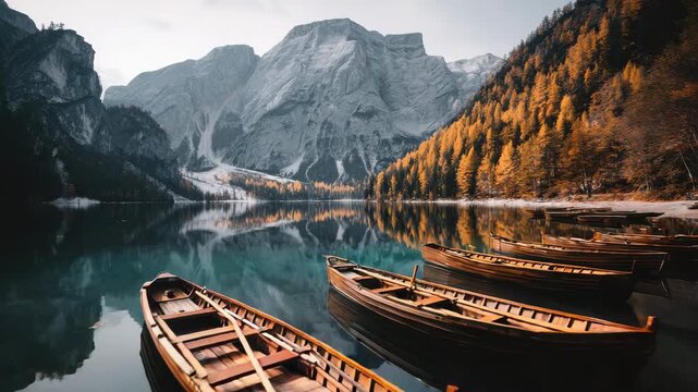Scenic Mountain Lake with Wooden Boats Reflecting Landscape and Autumn Trees in Clear Water Under Grey Sky for Adobe Stock Photo