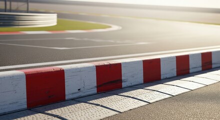 Detailed close-up of a red and white race track curb on a sunny day.