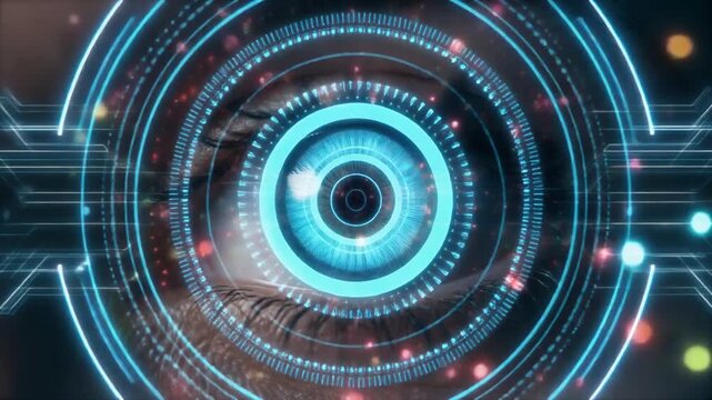 A robotic eye with a luminous blue iris scanning its environment, holographic circuits