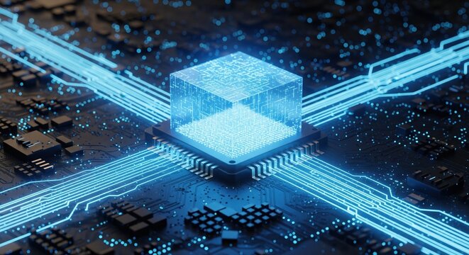 Central processing unit with a glowing data core transferring digital information on a circuit board.