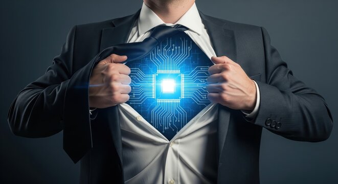 Businessman opening his suit to reveal a glowing blue digital circuit board and central processor unit.