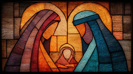 Stained Glass Holy Family. A vibrant stained glass depiction of Mary, Joseph, and Jesus