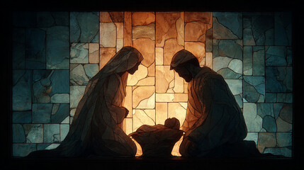 Naklejka na ściany i meble Stained Glass Nativity. A stained glass artwork depicting a nativity scene with Mary, Joseph, and baby Jesus
