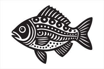 A striking black and white illustration of a fish with decorative patterns