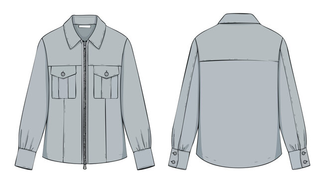 Technical fashion illustration showcasing a long-sleeved shirt with double chest pockets and zipper closure, presented in front and back views