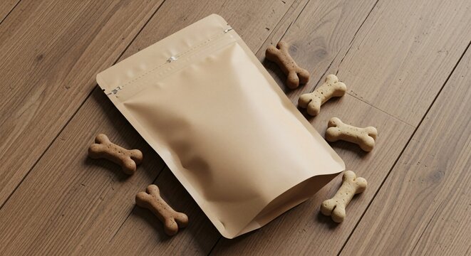 Blank brown standup pouch for pet food or treats, surrounded by boneshaped dog biscuits on a rustic wooden surface