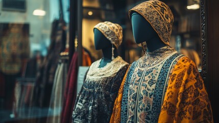 Two elegant mannequins display traditional garments in a stylish boutique. Their intricate designs capture cultural heritage and modern fashion trends. Generative AI