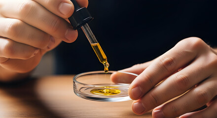 Hands Holding Dropper Above Glass Dish As Essential Oil Drops are Measured for Therapeutic and Skincare Applications in a Laboratory Setting