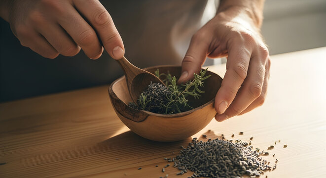 Hands Mixing Fresh Herbs and Spices in a Wooden Bowl on a Table with Sunlight Streaming Through a Nearby Window