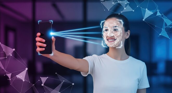 Woman using a smartphone for biometric facial recognition security and identity verification.