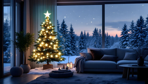 LED star tree topper glowing in dim living room