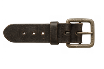 Brown leather belt with vintage metal buckle fragment on transparent background, showing accessory fashion style