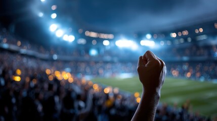 Enthusiastic hand raised in celebration at a sports stadium