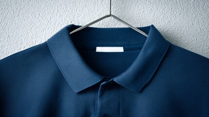 cuffs. Navy blue polo shirt with ribbed collar and cuffs, displayed on a hanger against a neutral backdrop. lifestyle magazines.
