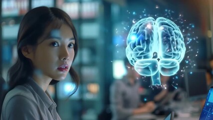 A young Asian woman in a high-tech office environment focuses intently on a holographic brain display, symbolizing advanced neural technology and cognitive research - Powered by Adobe