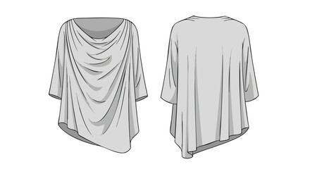 Draped Tunic Fashion Design: Technical Flat Sketch Displaying Front and Back Views with Flowing Fabric Detailing, Enhanced Shading Techniques