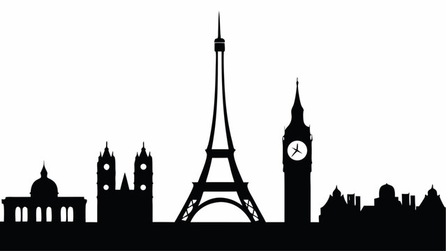 Silhouette of a cityscape featuring prominent landmarks like the eiffel tower and big ben in black and white | editable eps vectors