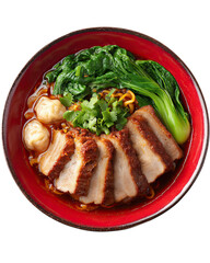 wonton noodle soup isolated on transparent with char siu pork served in a vibrant red bowl, showcasing wonton noodle soup in rich broth with tender pork slices perfect for Asian menu design.