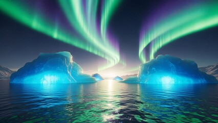 Stunning Aurora Borealis Illuminating Icebergs in a Serene Arctic Seascape at Night.