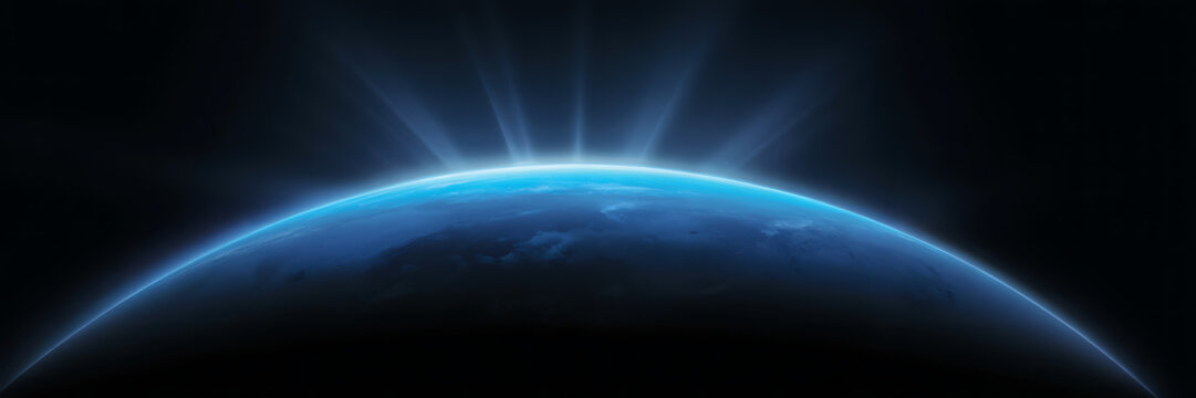Radiant blue planet with glowing light rays emerging from its horizon against a dark cosmic background - Powered by Adobe