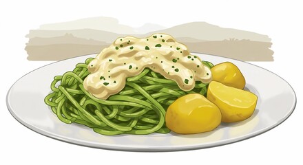 Green Spaghetti with Sauce and Potato on Plate