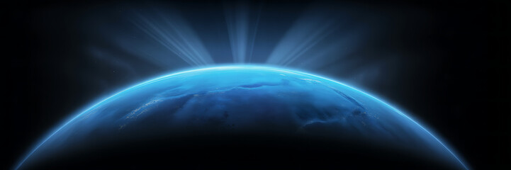Blue planet with glowing light rays rising from behind, symbolizing a new dawn or cosmic event