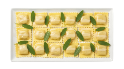 Delicious ravioli with sage leaves isolated on transparent background, traditional Italian pasta dish for restaurant menu and food blog
