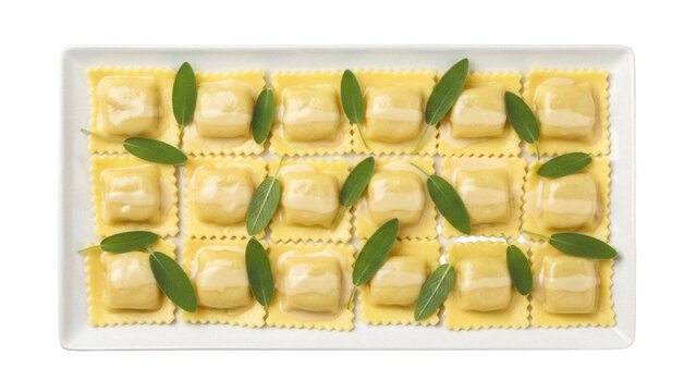 Delicious ravioli with sage leaves isolated on transparent background, traditional Italian pasta dish for restaurant menu and food blog