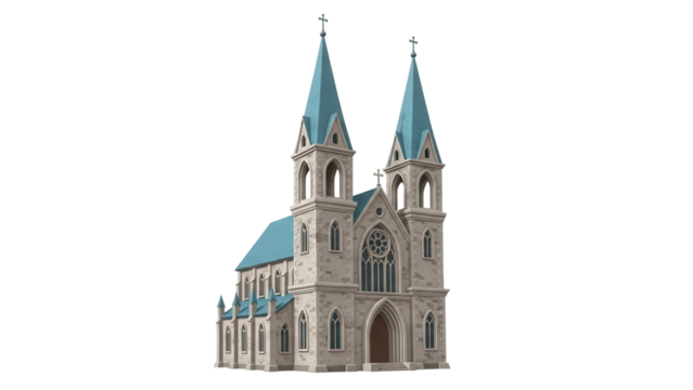 Detailed stone church with blue spires isolated PNG, religious building architecture for design projects on transparent background