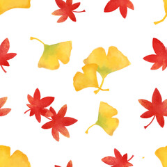 Autumn seamless pattern. Yellow and red leaves pattern watercolor illustration for wrapping paper, textile prints, banners, backgrounds	