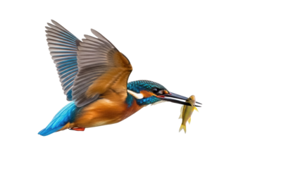 Colorful kingfisher flying with fish in beak isolated PNG, vibrant bird catching prey on transparent background for wildlife design