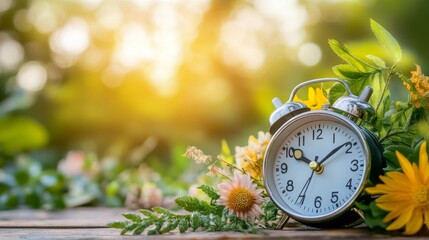 An alarm clock nestled among vibrant flowers signifies the beauty of time. Nature and time blend harmoniously. Perfect for relaxation or scheduling. Generative AI