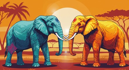 Two Elephants Touching Tusks at Sunset