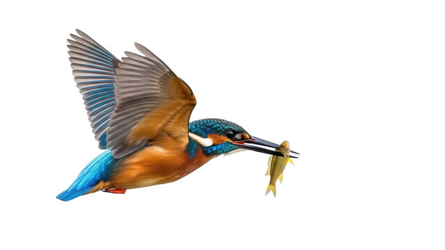 Colorful kingfisher flying with fish in beak isolated PNG, vibrant bird catching prey on transparent background for wildlife design