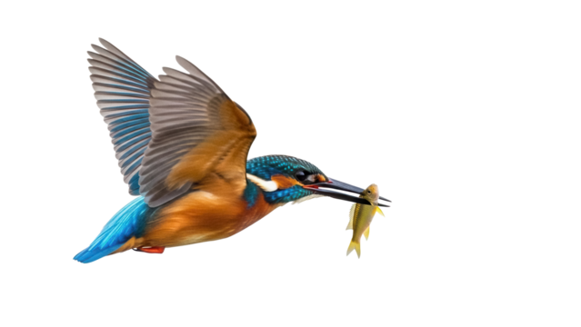 Colorful kingfisher flying with fish in beak isolated PNG, vibrant bird catching prey on transparent background for wildlife design