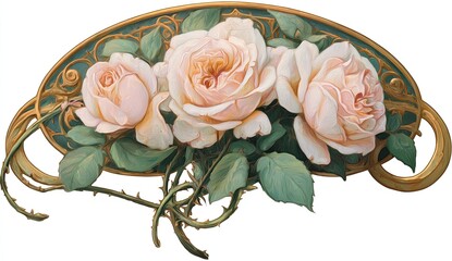 Delicate pale pink roses adorn an ornate gold and teal decorative frame.
