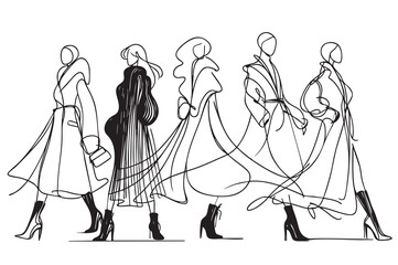 Obraz premium Abstract fashion models in long down jacket vector set drawn in line sketch style