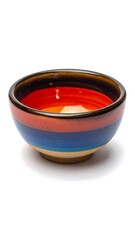 Vibrant Striped Ceramic Bowl on White Background.