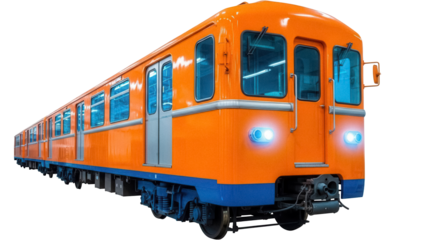 Orange vintage subway train PNG isolated on transparent background, classic metro vehicle for transportation and urban transit design